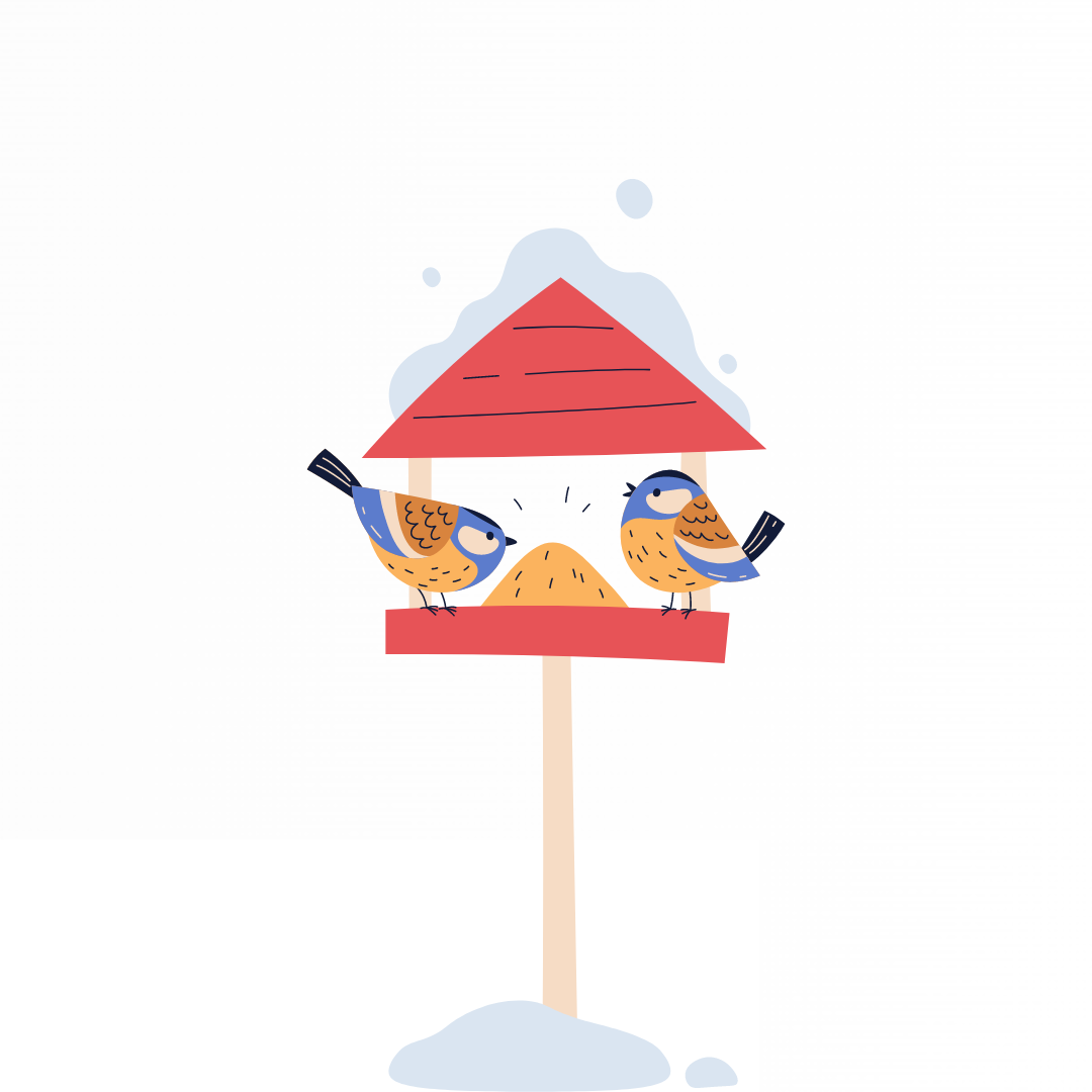 Illustration of 3 birds perched around a round bird feeder