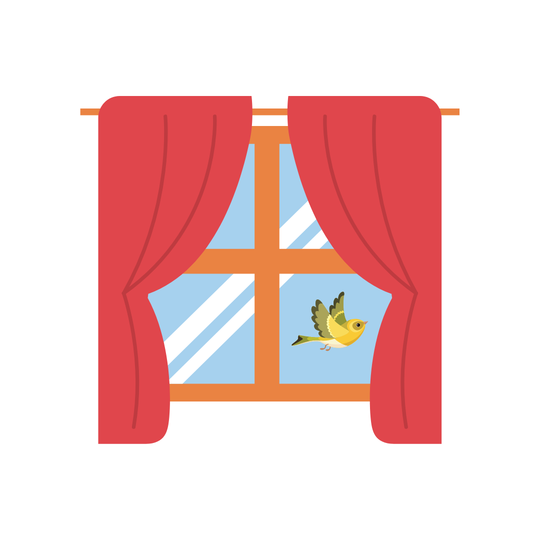 Illustration of a bird flying by a window