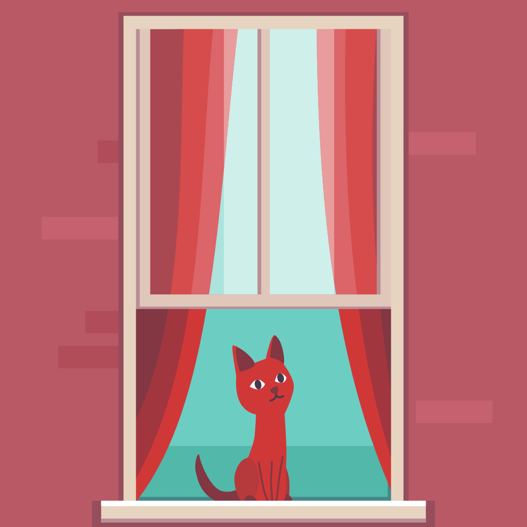 Illustration of a cat looking out a curtained window<br />
