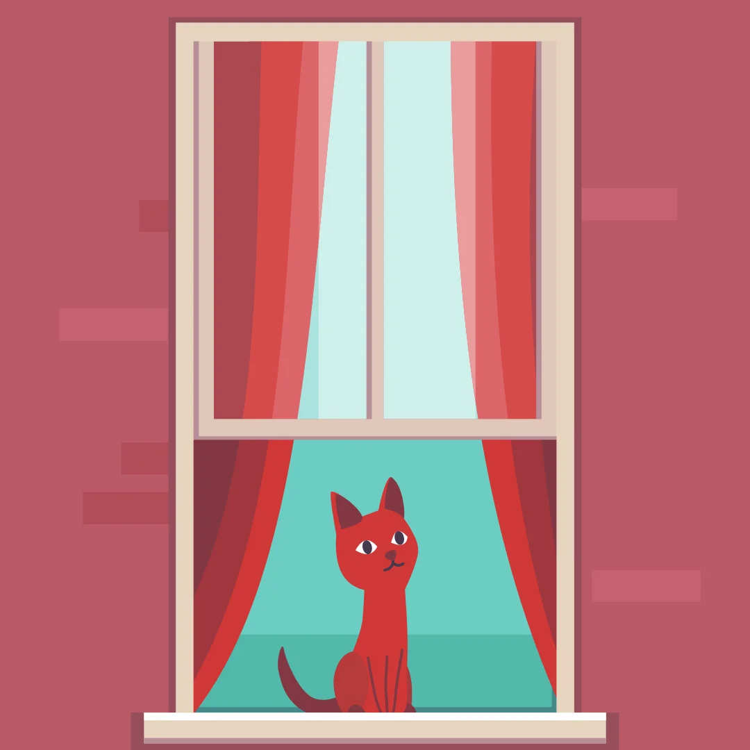 KEEP CATS INDOORS Illustration of a cat looking out a curtained window<br />