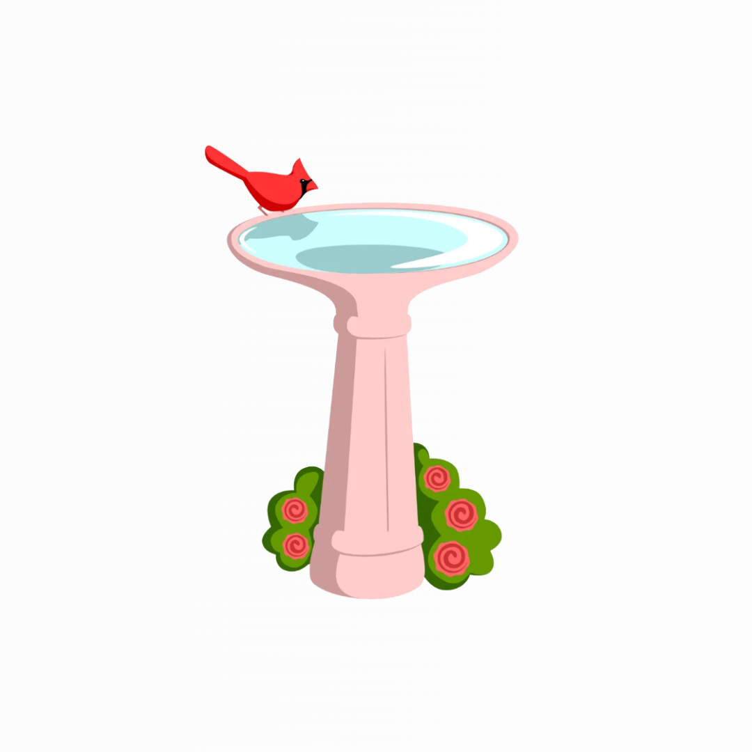 Illustration of a cardinal perched on a bird bath