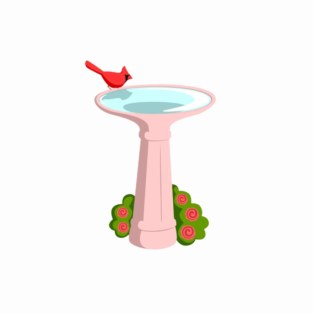 WELCOME MAT (1) Illustration of a cardinal perched on a bird bath
